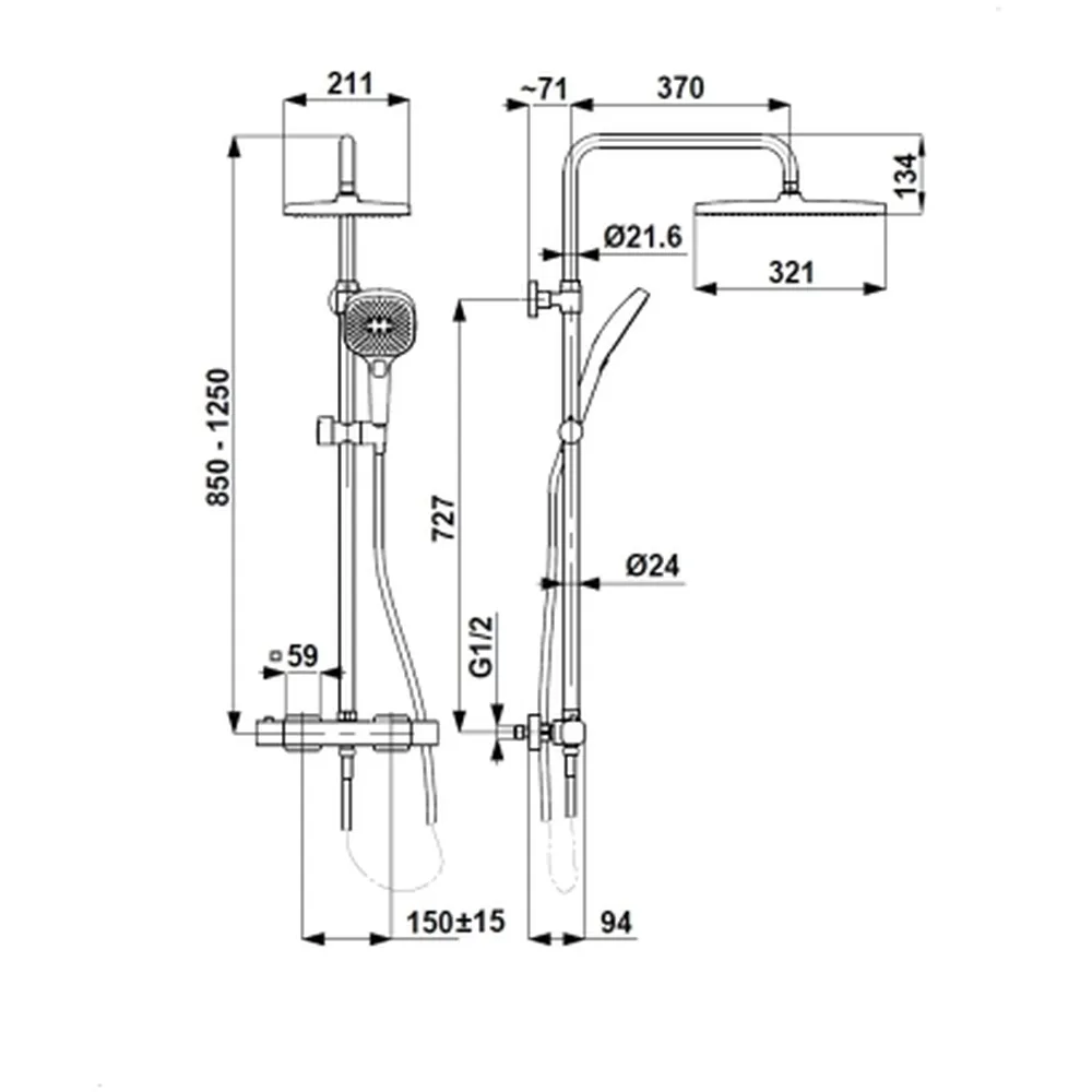 Malaga T-Bar Thermostatic Rain Shower Set – Adjustable Overhead & Hand Shower - Image 14