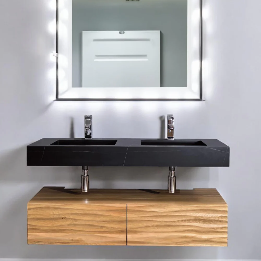 1200mm Sintered Stone Basin with Oak Cabinet & Water Wave Texture Drawer Panel - Image 4