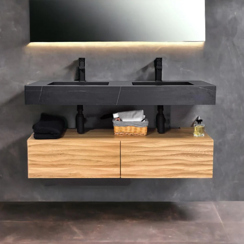 1200mm Sintered Stone Basin with Oak Cabinet & Water Wave Texture Drawer Panel - Image 6